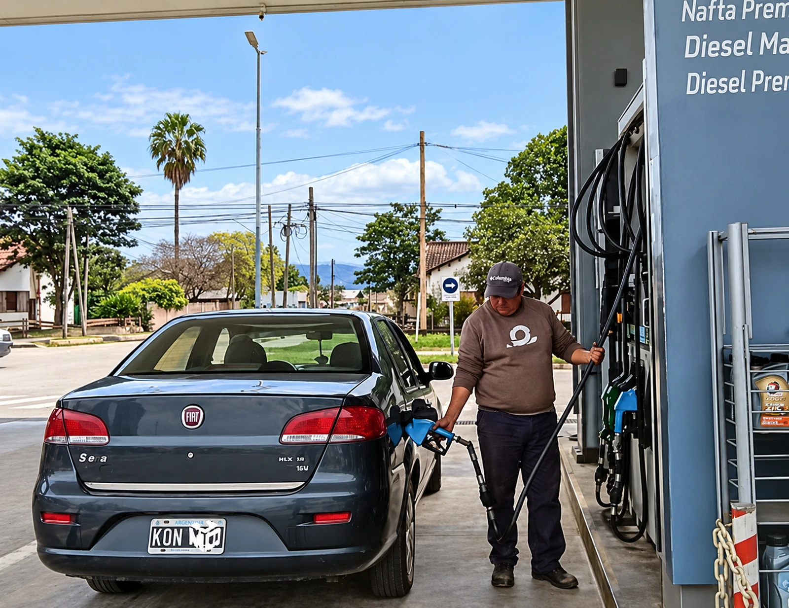 Un integrante del equipo de Aguaray cargando combustible a un auto